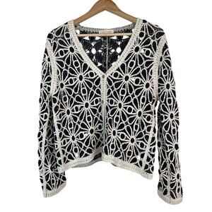 Solitaire Women S Black White Lacy Open Knit Floral‎ Button Up Cardigan Sweater*